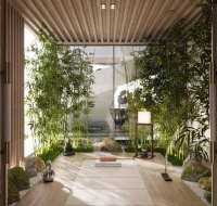 A luxurious and spacious lounge area with abstract art, modern furniture in neutral tones, and a distinctive wavy rug.