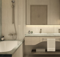 Contemporary master bathroom with a floating double vanity and neutral, light-toned finishes.