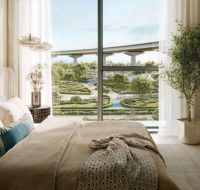 Bright bedroom interior at Montiva by VIDA overlooking landscaped gardens and elevated walkway
