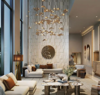 Modern lobby with artistic lighting and large windows in a Dubai residence