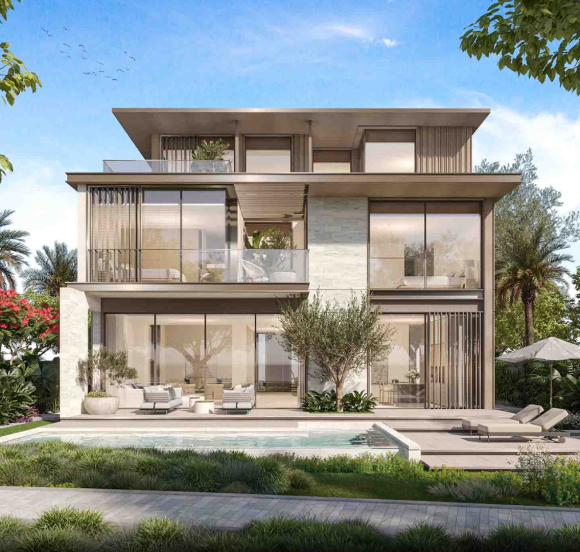 Modern villa exterior with landscaped surroundings in a gated Meydan community
