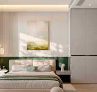 Modern bedroom with a walk-in closet featuring glass-front wardrobes and a stylish light fixture