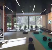 Modern gym with treadmills and workout equipment, natural light.