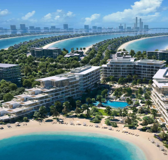 The modern architecture of Palm Central Private Residences, situated on a crescent beach with ocean views and lush landscaping.