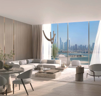 Modern living room with sea and skyline view through large windows