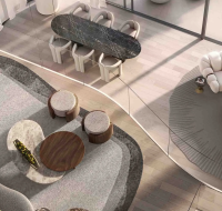 Top view of modern living and dining area with stylish seating