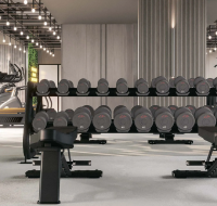 Well-equipped fitness center with treadmills, weights, and ample natural light.