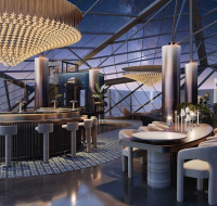 Contemporary penthouse amenity space featuring a stylish bar, dining area, and panoramic views through a unique architectural structure.