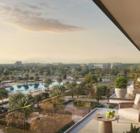 An artistic view of the premium lifestyle amenities at Riverton House, including the pool deck and manicured gardens.