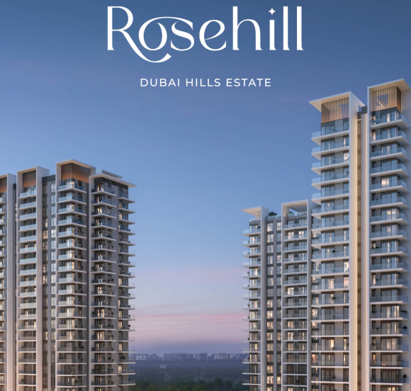 Evening view of twin residential towers with rooftop pool and lush landscaped surroundings