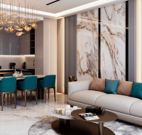 Open-plan kitchen layout with built-in appliances and modern cabinetry