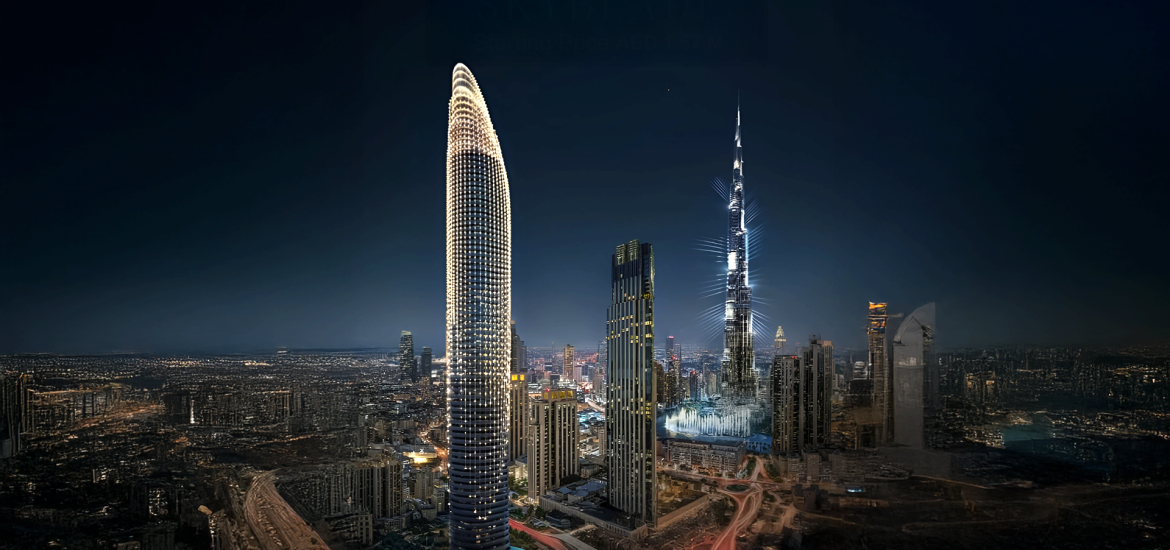 SKYBLADE by Binghatti – night render showcasing the tower’s iconic blade-shaped design and illuminated façade against the Dubai skyline.