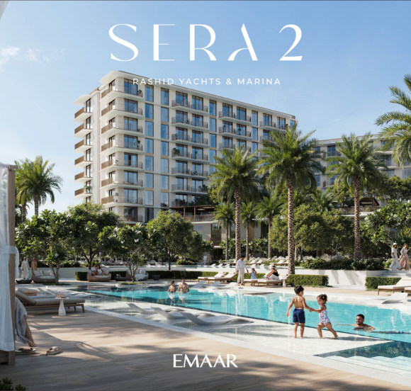 SERA 2 by Emaar with a modern pool, cabanas, palm trees, and contemporary residential building.