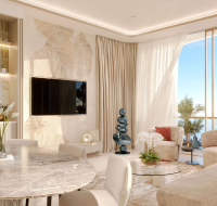 Modern high-rise apartments on the Dubai Islands shoreline