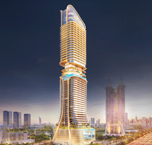 The iconic Shahrukhz by Danube commercial tower, with its distinctive architecture, overlooking Sheikh Zayed Road and the Dubai skyline.