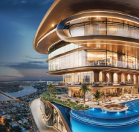 The luxury amenity deck at Shahrukhz by Danube, featuring a curved pool, lounge chairs, and panoramic views of the urban landscape.