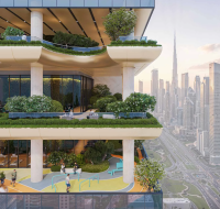 Cantilevered infinity pool amenity on an upper floor by Sobha Realty, offering panoramic city and sea views.