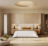Contemporary master bedroom featuring a neutral palette, a recessed ceiling, and a walk-in closet.