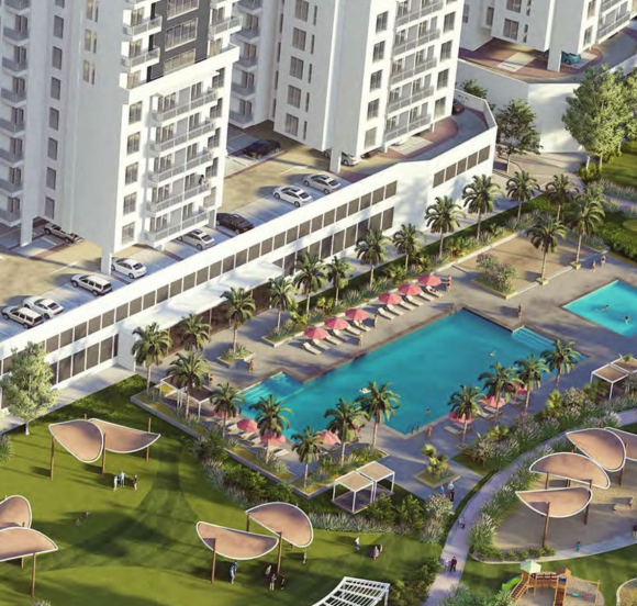 Aerial view of South Garden Tower 3 by WASL featuring landscaped gardens, children’s play areas, and a large swimming pool with sun loungers.