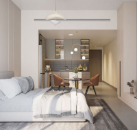 Modern bedroom with large windows, neutral tones, and contemporary furnishings.