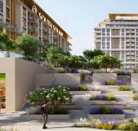 Tiered garden steps with flowering plants, trees, and people walking and shopping