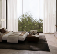 Modern bedroom with large window and greenery view