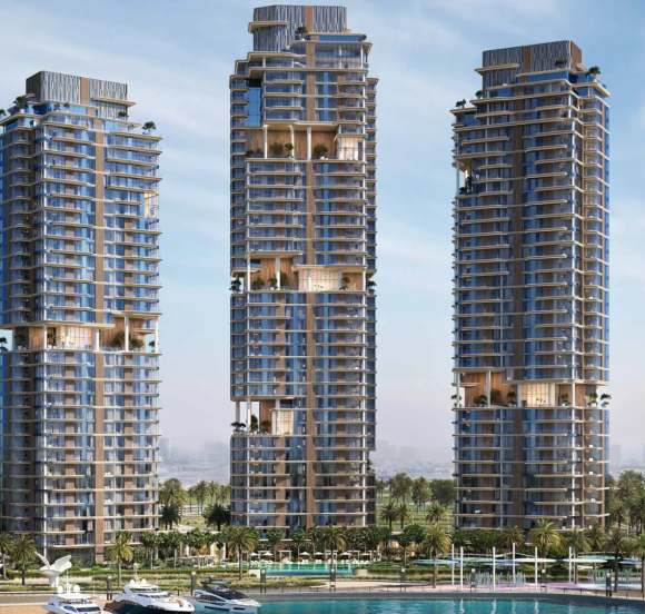 Contemporary master bedroom in The Edit at d3, featuring a modern chandelier and floor-to-ceiling windows with a city view.