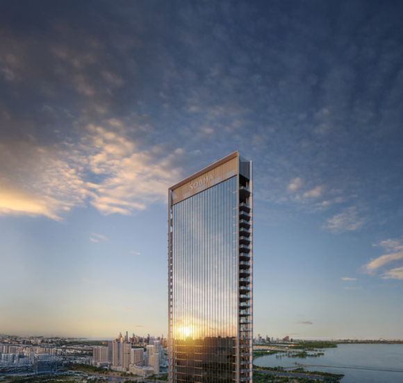 Luxury tower facade with glass balconies and skyline views