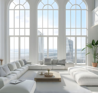Spacious, modern living room with high ceilings, large arched windows, and panoramic views.