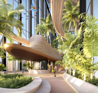 Lush tropical garden entrance to a modern building with palm trees and a curved wooden canopy