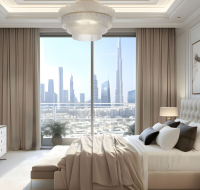 Elegant bedroom with large window offering panoramic city skyline views and modern furnishings.