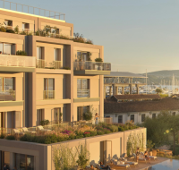 Modern resort-style pool with stepping stones and relaxing outdoor lounge in Tivat