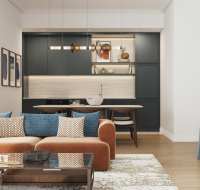 Stylish lounge setup with brown sofa, armchairs, and coffee table