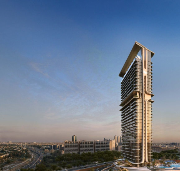 Iconic tower view from Velos Residence rooftop pool overlooking Dubai skyline