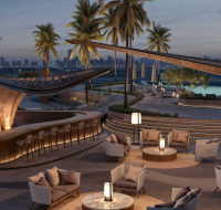 Elegant architectural design with curved terraces overlooking a highway and cityscape