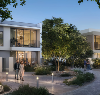 Modern two-story townhouse exterior with large windows, an integrated carport, and a small family outside.