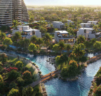 Modern villa exterior with large windows and landscaped front yard