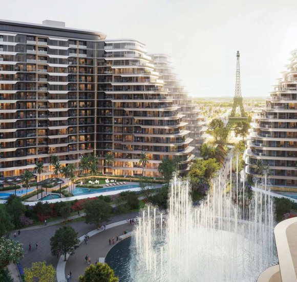 Resort-style apartment buildings with water features and landscaped walkways at WAADA – Rayhan 1
