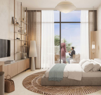 Modern master bedroom with natural tones, large windows, and balcony seating