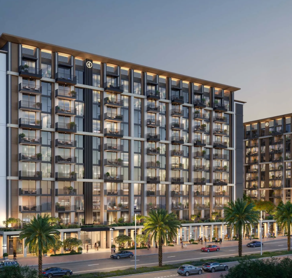Evening view of Windsor House residential towers with lit balconies