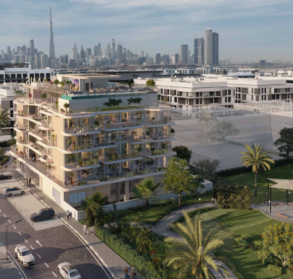 Modern mid-rise building with rooftop greenery and city skyline view